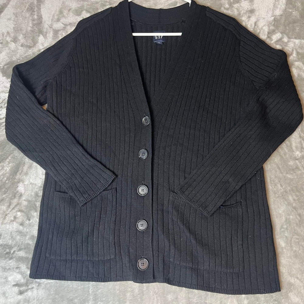 Womens GAP Black Ribbed Knit Button Front Cardigan‎ Sweater Long Sleeve Small